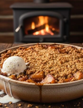 Warm apple crisp with vanilla ice cream