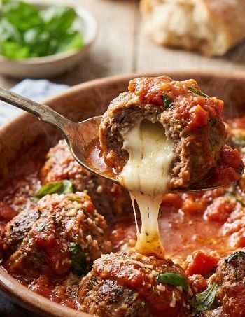 Mozzarella Stuffed Meatballs In Homemade Tomato Sauce