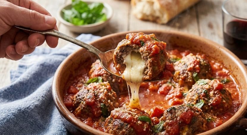 Mozzarella Stuffed Meatballs In Homemade Tomato Sauce