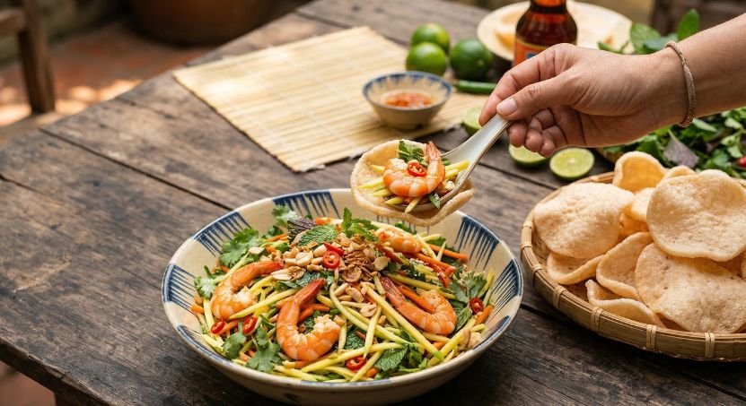 Vietnamese Style Prawn Mango Salad Served With Prawn Crackers