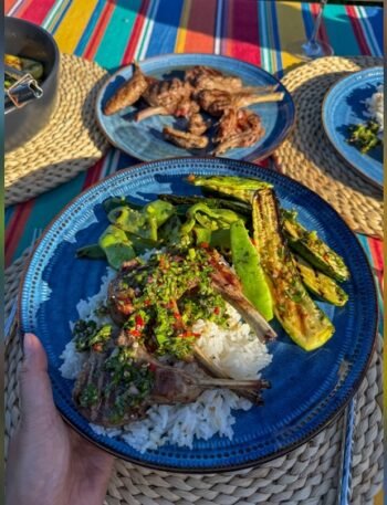 Grilled Lamb Cutlets Zucchini And Beans With Salsa Verde And Rice