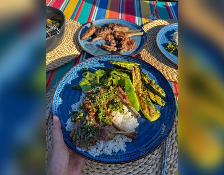 Grilled Lamb Cutlets Zucchini And Beans With Salsa Verde And Rice