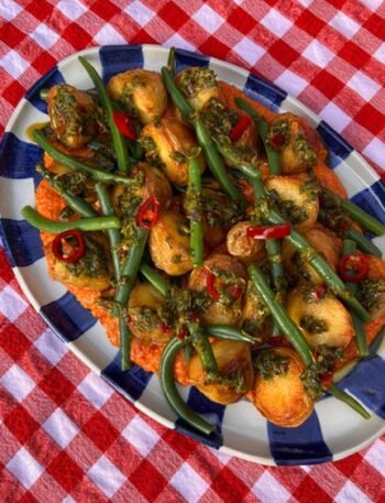 Roast Potato And Green Bean Salad With Romesco And Salsa Verde