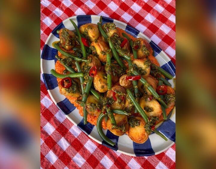 Roast Potato And Green Bean Salad With Romesco And Salsa Verde
