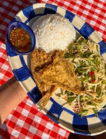 Vietnamese Style Fried Fish With Rice Slaw And Tamarind Dipping Sauce
