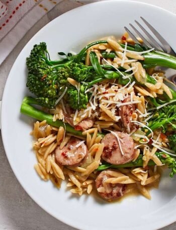 Easy Broccolini Chicken Sausage And Orzo Skillet One Pan Dinner Recipe