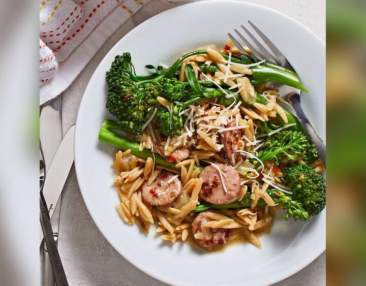 Easy Broccolini Chicken Sausage And Orzo Skillet One Pan Dinner Recipe